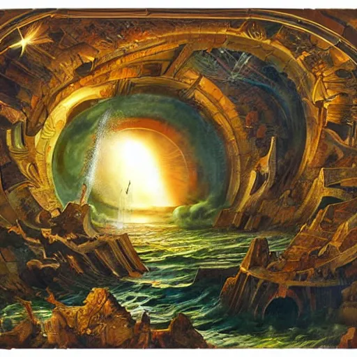 Image similar to highly detailed painting of atlantis opening a portal to another dimension,