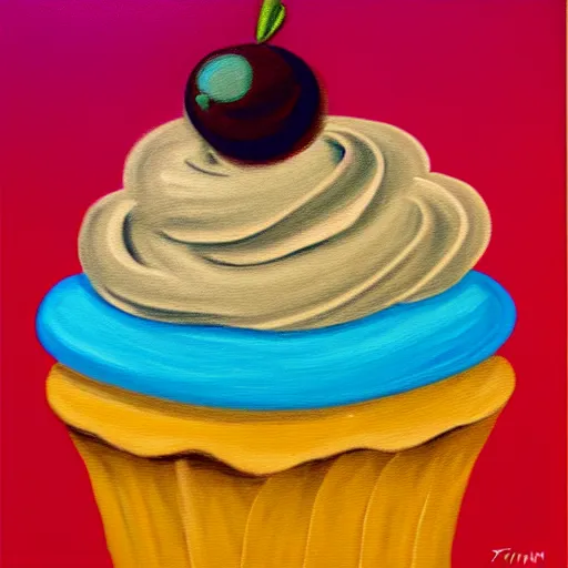 Image similar to cupcake logo painting by tim biskup and afshar petros, matte background, sharp contours, minimal, trending on artstation