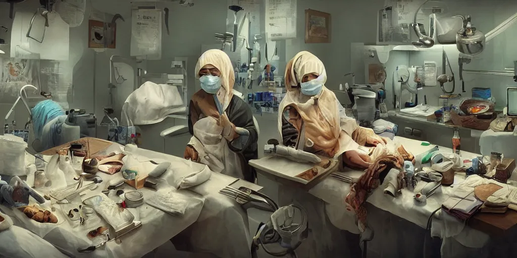Image similar to an environmental concept art of a babushka surgeon in a cluttered surgery, surgical impliments, surgery table, highly detailed, cinematic, dramatic