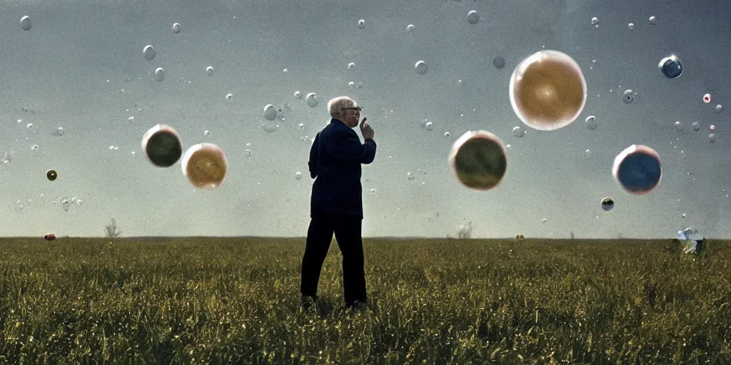 Image similar to an old man in a field looking at multiverse bubbles in the sky, scene from a stanley kubrick movie, in color