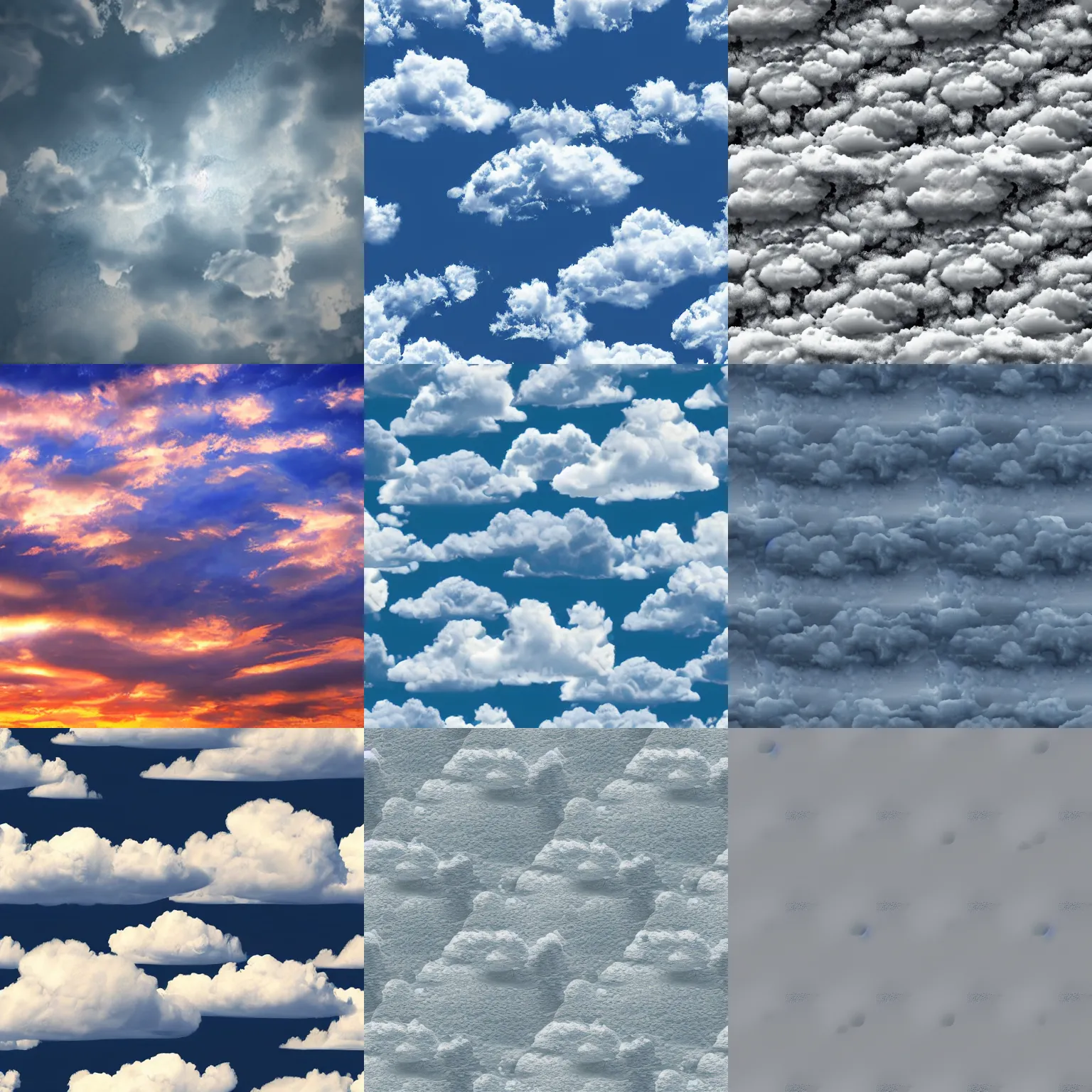 Prompt: a seamless texture of clouds. 4 k, professionally done, trending on textures. com, realistic, detailed.