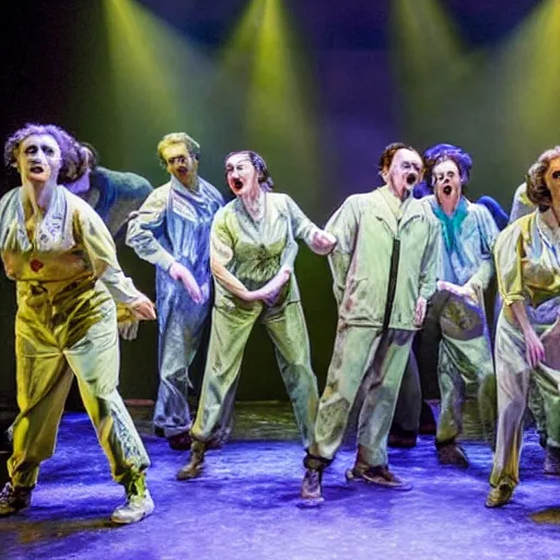 Prompt: award winning Production photo of the Chernobyl disaster the musical on broadway, dancing, singing, costumes by Julie Taymor, set design by Julie Taymor