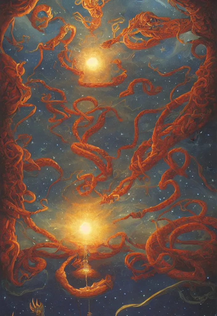 Image similar to the sun, suspended on a hanging sword, caught between red and blue intertwined snakes, night sky is filled with 1 3 bright stars, a rainbow in the distance, the ground covered in quartz crystal growths, tarot, wiccan, magic, dynamic lighting, emotional, hyper detailed, art by christophe vacher, 8 k