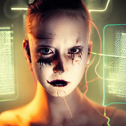 Prompt: a terrifying but beautiful young woman with wires for hair, full body, glowing eyes, razor sharp teeth, computers, horror, studio lighting, 8 5 mm f 1. 8, cyberpunk, full body portrait, masterpiece, trending, highly detailed, realistic