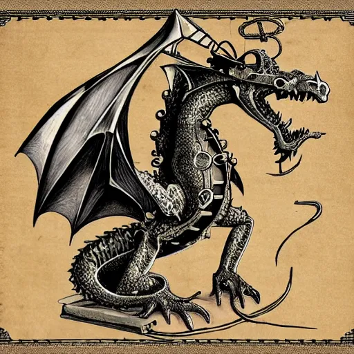 Image similar to a dragon with steam punk machine on it's side, book illustration