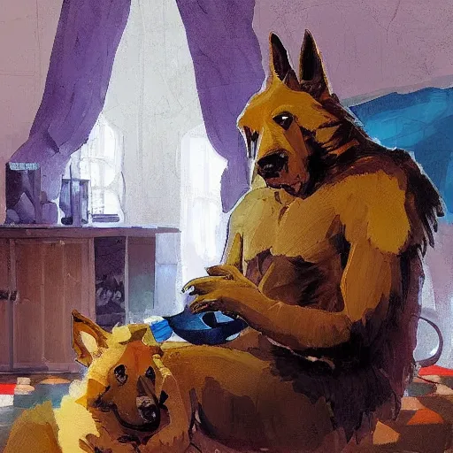 Image similar to a humanoid german shepherd beast - man, sitting and watching a soccer match in his house on television, he has hurt his knee and is a dad, by erin hanson, alexi zaitsev, karl spitzweg, award winning, tv set