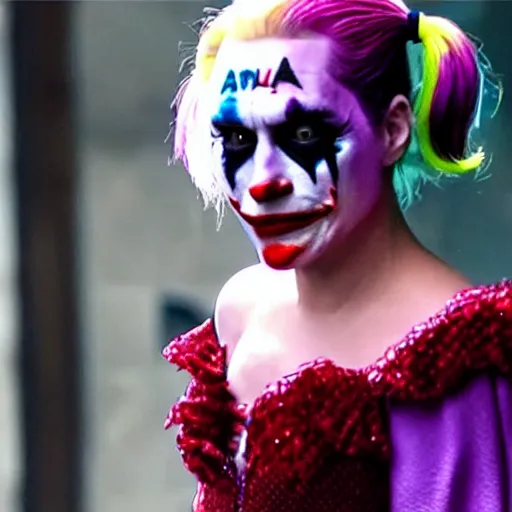 Prompt: 8 k uhd footage from new joker movie, joaquin phoenix as joker and lady gaga as harley quin, paparazzi shot, uhd details