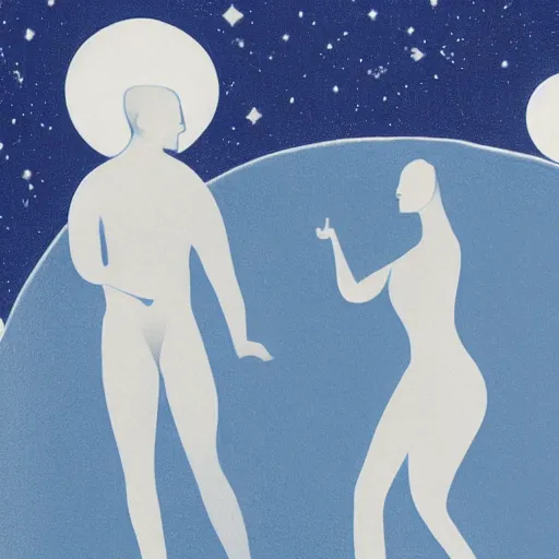 Image similar to woman and man against the background of the planet mercury in blue and white