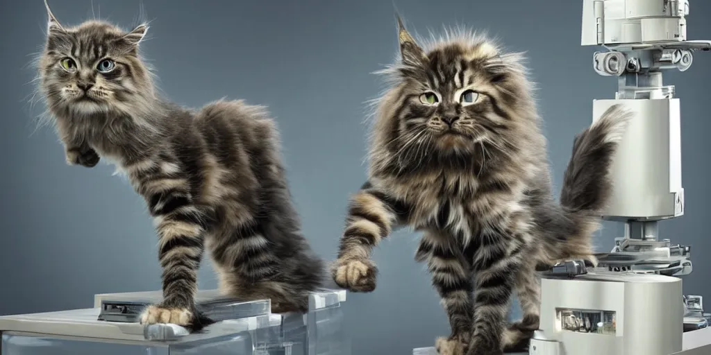 Prompt: a 3 d rendered movie still a of mainecoon robot kitten has become a cat scanning device. cyberpunk cat tree. science fiction blockbuster movie from the future, imax 7 0 mm. style of mandalorian ( american space western television series )