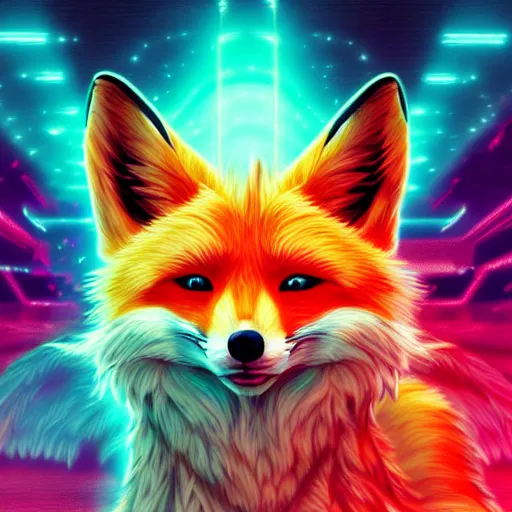 Prompt: digital fox, retrowave palette, digital world, crazy detailed, electric breeze, anatomically correct vulpine, synth feel, fluffy face, ear floof, flowing fur, super realism, accurate animal imagery, 4 k digital art