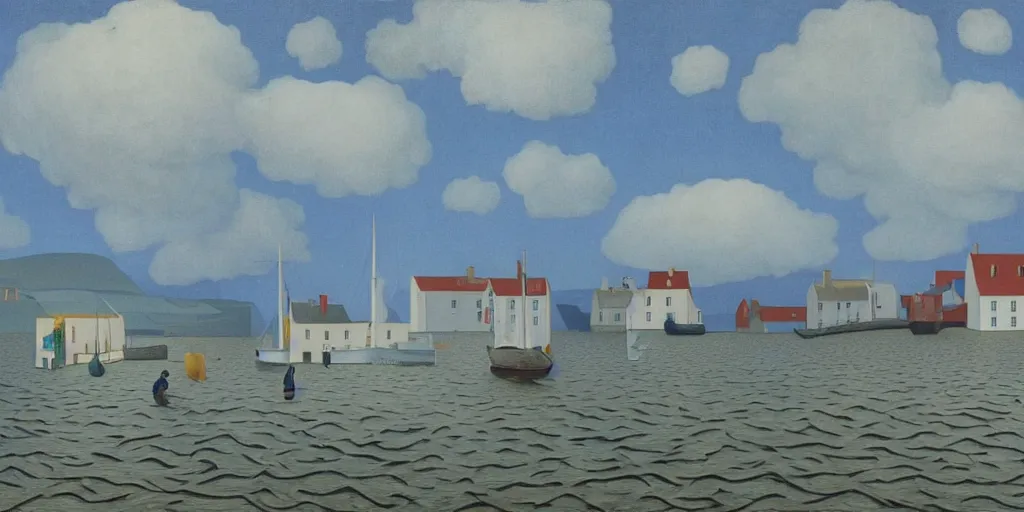 Image similar to a painting of the harbour at Stromness, orkney islands, small houses, boats, sea, stormy clouds, by René Magritte