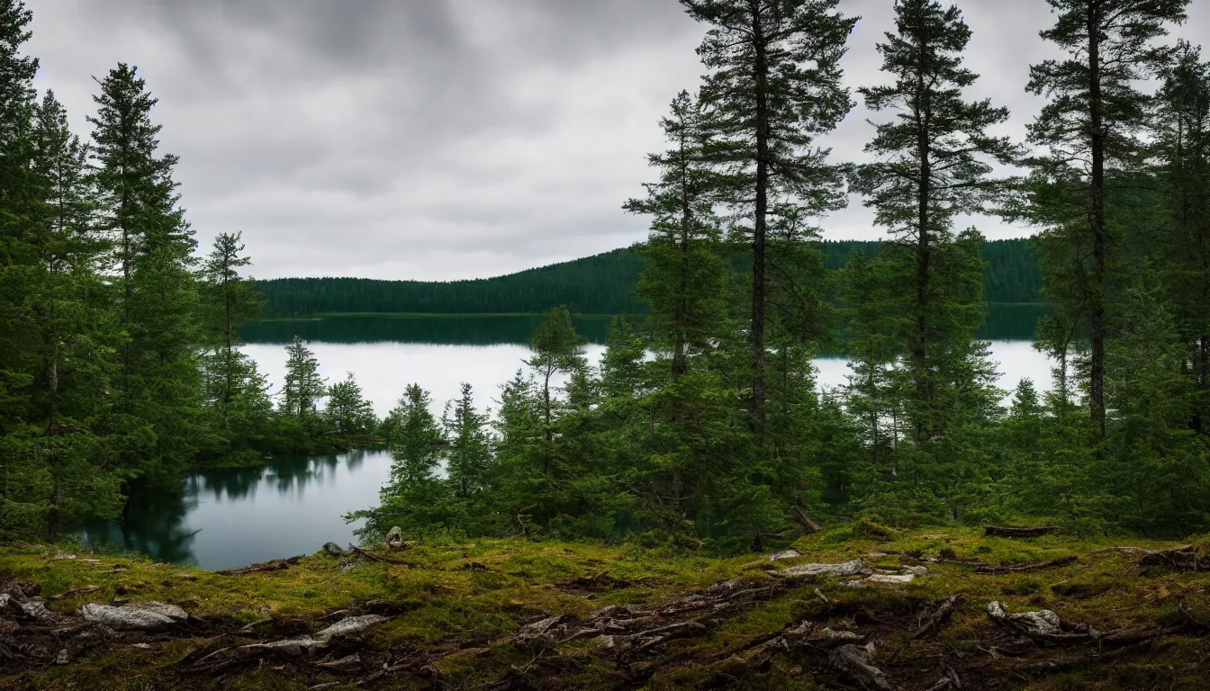 Image similar to eastern european, small lake view from highland, leave less old forest, national park, nature, atmospheric, ambient vibe, very detailed, high resolution, 8 k