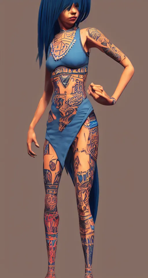 Image similar to a blue skinned woman with glowing aztec tattoos down her arms, long coffee brown hair, sci - fi dress with sleak accents, slender waist, by wlop, ilya kuvshinov, krenz cushart, greg rutkowski, pixiv. zbrush sculpt, octane, maya,