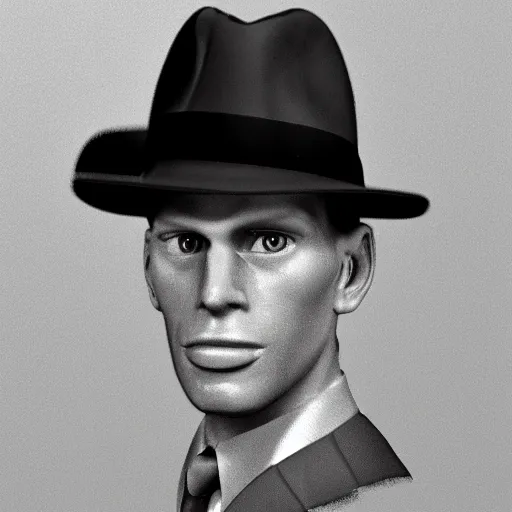 Image similar to A photograph portrait of Jerma985 wearing a suit with and fedora in the 1950s, taken in the early 1950s, grainy, taken on a 1950s Kodak Camera, realistic, hyperrealistic, very realistic, highly detailed, very detailed, extremely detailed, detailed, digital art, trending on artstation