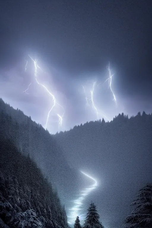 Image similar to a futuristic scene in front of a zaha hadid building in the forrest of the french alps mountains in the style of chris moore, stormy weather with lightning, neon lightning, cinematic matte painting, extreme detail 8 k photo quality, dark moody colors, snowfall, featured on behance