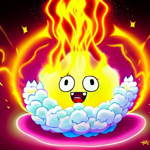 Image similar to kawaii wacky fluffy popcorn with lightning bolt power, yokai, in the style of a mamashiba, with a yellow beak, with a toroidal energy field, with a smiling face and flames for hair, sitting on a lotus flower, white background, simple, clean composition, symmetrical
