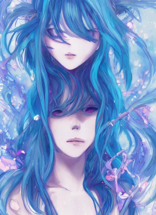 Image similar to a woman with blue hair sitting underwater, a beautiful anime drawing by yuumei, featured on pixiv, pixiv, seapunk, very anime anime!! detailed