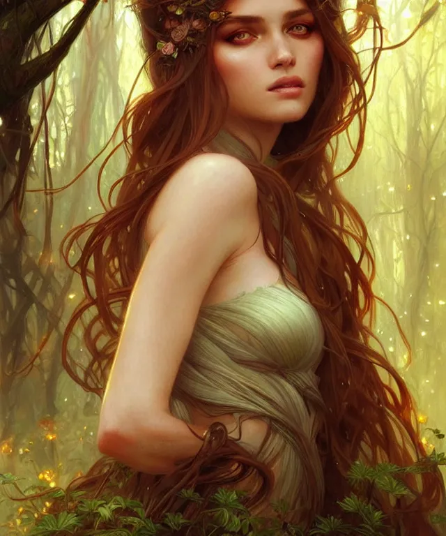 Image similar to Forest nymph woman portrait, amber eyes, face, long hair, fantasy, intricate, elegant, highly detailed, digital painting, artstation, concept art, smooth, sharp focus, illustration, art by artgerm and greg rutkowski and alphonse mucha