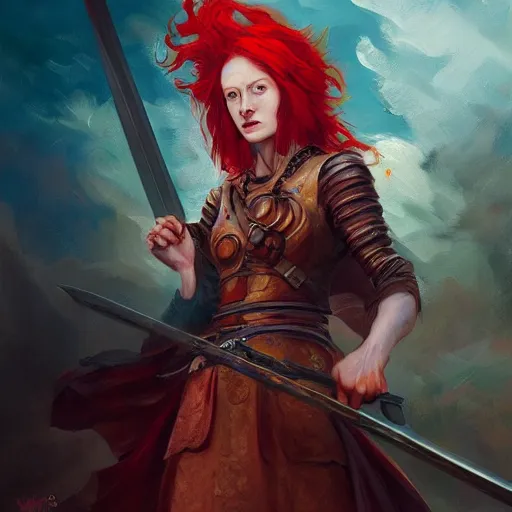 Prompt: Red haired woman with a sword, dramatic oil painting, 4k, highly detailed, by WLOP, by Dan Mumford, by Yoshitaka Amano, digital art, trending on artstation, volumetrics