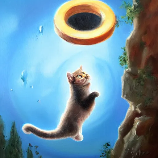 Prompt: a cat climbing out of a portal, expressive oil painting, trending on artstation