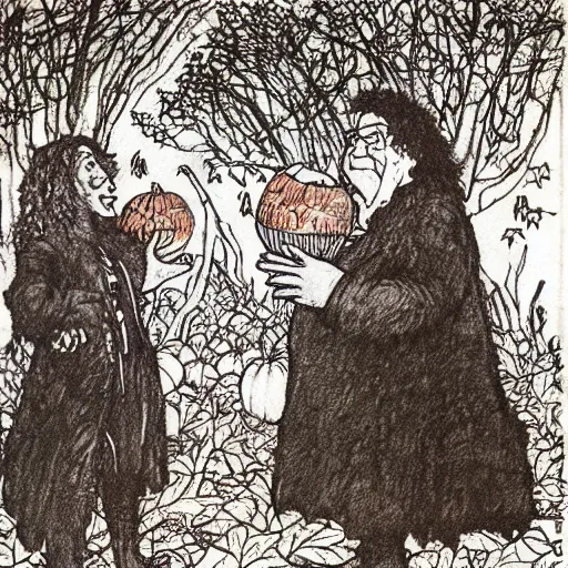 Image similar to a color illustration of hagrid and harry in a pumpkin patch by arthur rackham