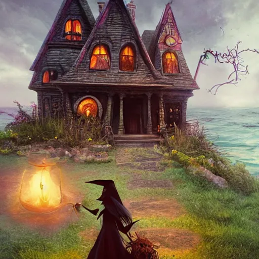 Image similar to a scary witch in front of a witche house made out of candy, floating on the ocean, epic scene, fantasy, cinematic, hyper - detailed, in the style of greg rutkowski