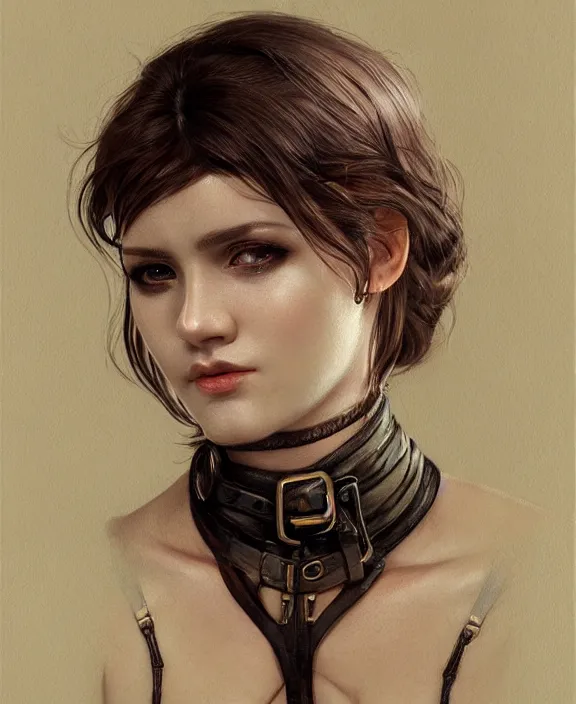 Prompt: a highly detailed portrait, intricate leather suspenders, wet silk, honey birdette, realistic portrait, deep focus, matte, digital painting, artstation, concept art, smooth, sharp focus, cinematic lighting, art by artgerm and greg rutkowski and alphonse mucha, araki nobuyoshi, anders petersen