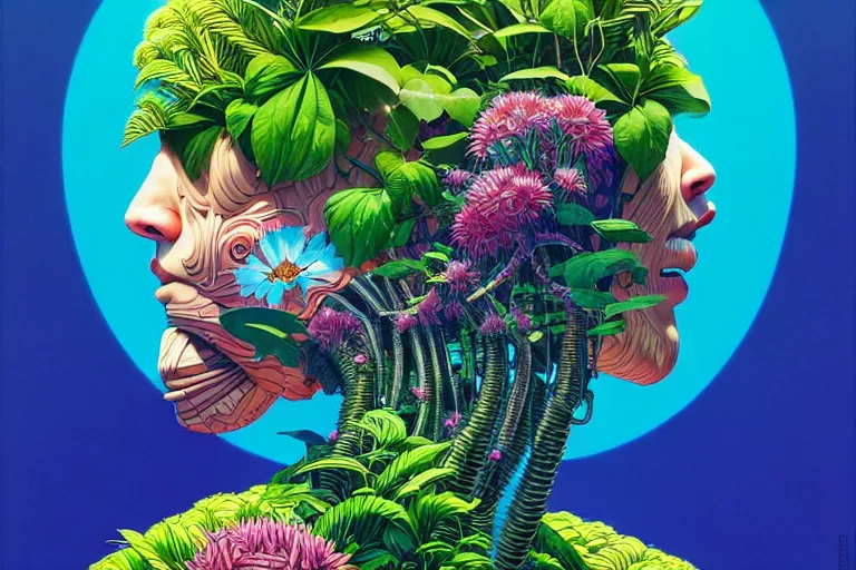 Image similar to gigantic robot head, a lot of exotic vegetation, trees, flowers by moebius, junji ito, tristan eaton, victo ngai, artgerm, rhads, ross draws, hyperrealism, intricate detailed, risograph