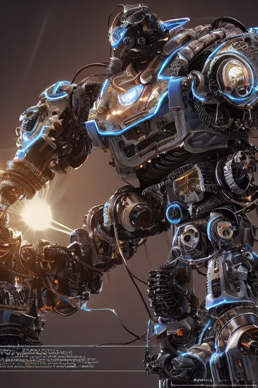 Image similar to an extremely intricately hyper detailed robot lots of cables and lights and connections, highly detailed perfect render, realism. concept art. unreal engine 5, f / 1. 8, v - ray, ultra hd, 8 k, atmospheric beautiful background and beautiful lighting. iron forge background lots of sparks and fire. god rays, volumetric lighting. hyper realism.