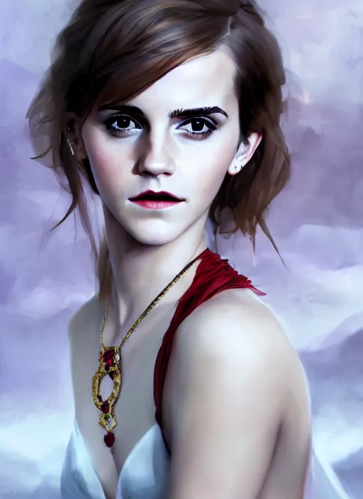 Prompt: portrait of emma watson as a sexy sultry vampire queen, jewelry, greek, ruby, intricate, headshot, key visual, conceptart, ambient lighting, highly detailed, digital painting, artstation, concept art, sharp focus, by makoto shinkai and akihiko yoshida and greg manchess