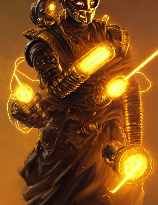 Image similar to a masked cyberpunk warrior in golden armour with a glowing golden gauntlet, surrounded by crackling golden lightning and energy, by frank fazetta and peter mohrbacher, trending on artstation, digital art, 4 k resolution, detailed, high quality, sharp focus, hq artwork, coherent, insane detail, concept art, character concept, character full body portrait