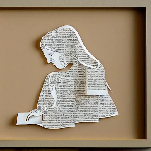 Prompt: cut paper art of belle reading a book