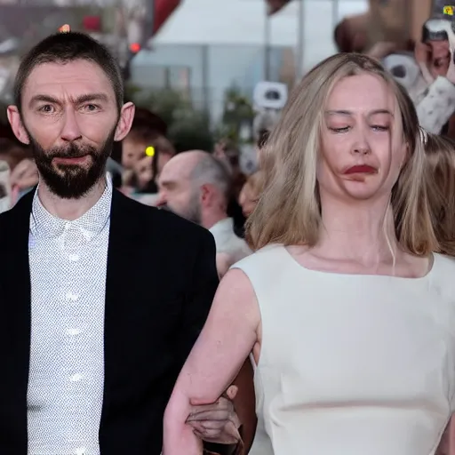 Prompt: thom york walking out to startle his wife, realistic image