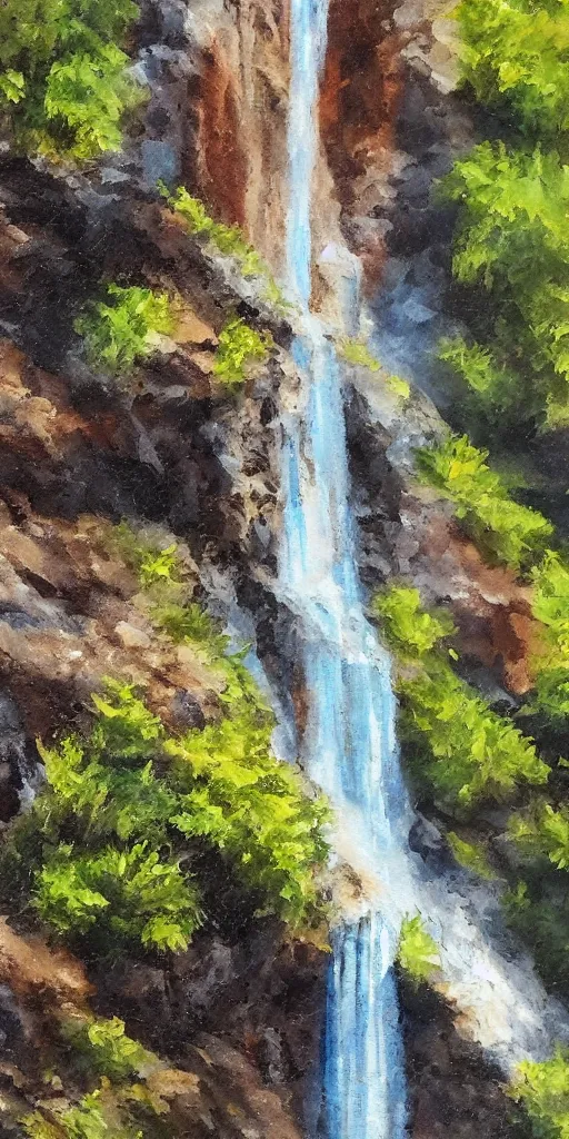 Prompt: water bottle being poured, the water coming out merges with a waterfall that is visible in the background, painting, sunny day