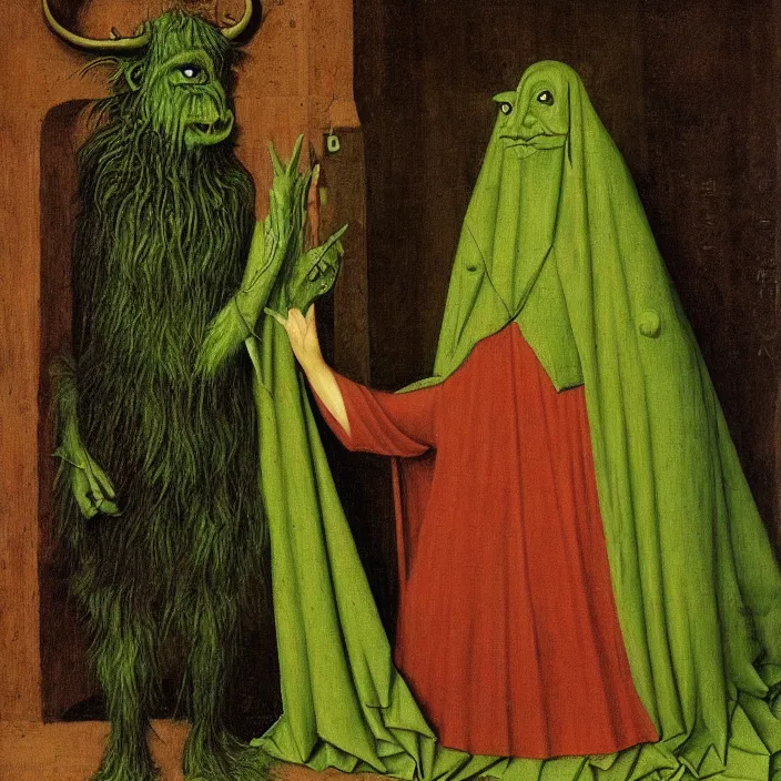 Image similar to a green-horned goblin monster, standing next to veiled figure, by Jan van Eyck