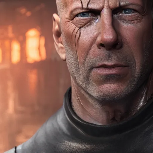 Image similar to Bruce Willis as blacksmith, wet face , heavy rain ,dramatic, intricate, highly detailed, concept art, smooth, sharp focus, illustration, Unreal Engine 5, 8K