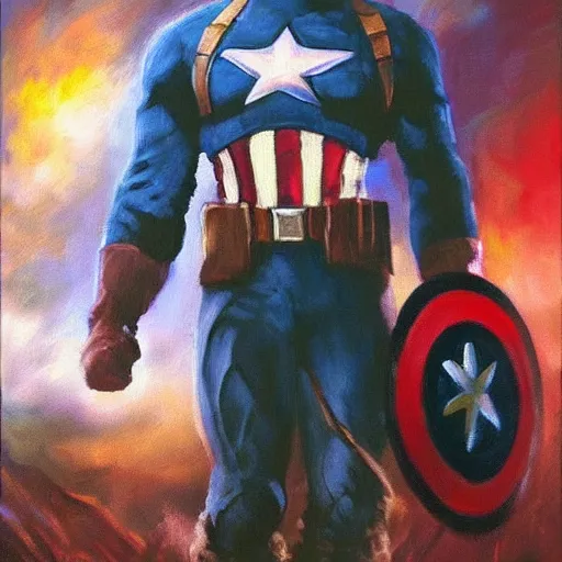 Image similar to Bob Ross as Captain America, oil painting, portrait