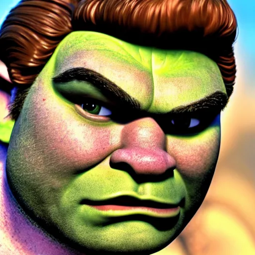 Image similar to portrait photograph of a beautiful handsome perfect shrek with majestic thick curly brown hair and an extremely chiseled jawline with sharp jagged cheekbones and a strong symmetrical facial structure with decently big lips realistic hyperrealistic 4 k resolution 8 k resolution highly detailed very detailed extremely detailed hd quality detailed face very detailed face extremely detailed face trending on artstation