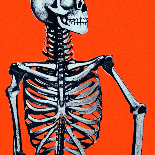 Image similar to vivid risograph of one skeleton on orange background