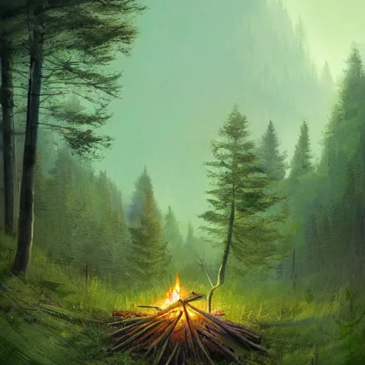 Image similar to rolling hills of the forest, campfire at night, green - blue coloured sky, art by greg rutkowski, trending on artstation, masterpiece