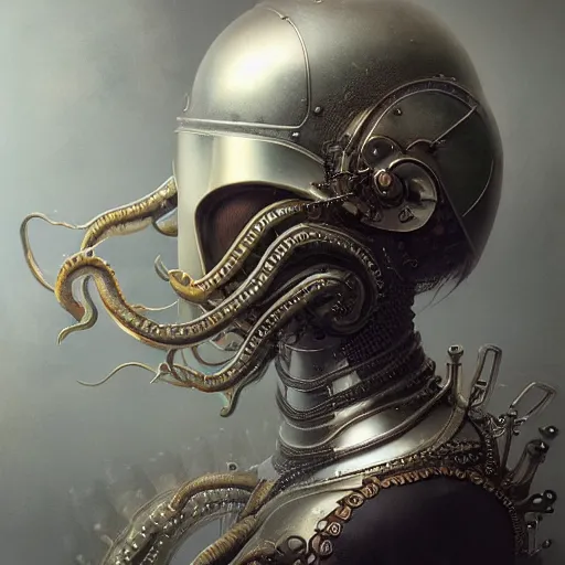 Image similar to tom bagshaw, curiosities carnival fallout, photorealistic medium shot soft paint of a single beautiful bald female full long futuristic metallic armor ornate tight metal helmet made tentacles claws, face, gynoid cyborg body, accurate features, focus, very intricate ultrafine details, award winning masterpiece