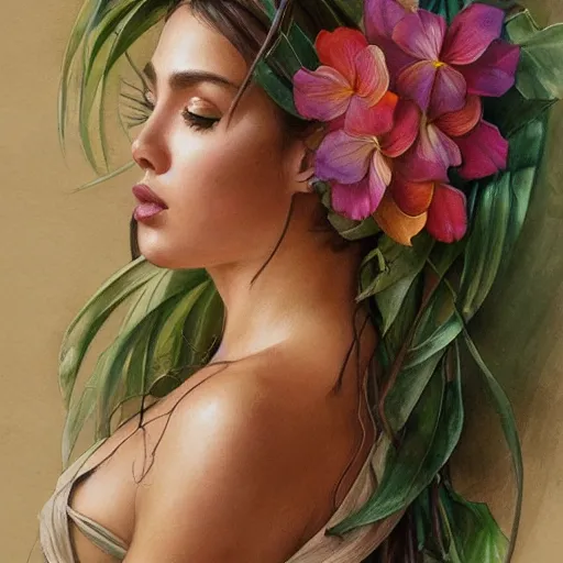 Image similar to Tropical Flowers, Watercolor, photorealistic, high resolution, award winning, trending on artstation, olive skin, long dark hair, beautiful bone structure, intricate, elegant, highly detailed, digital painting, artstation, concept art, smooth, sharp focus, illustration, art by artgerm and greg rutkowski and alphonse mucha