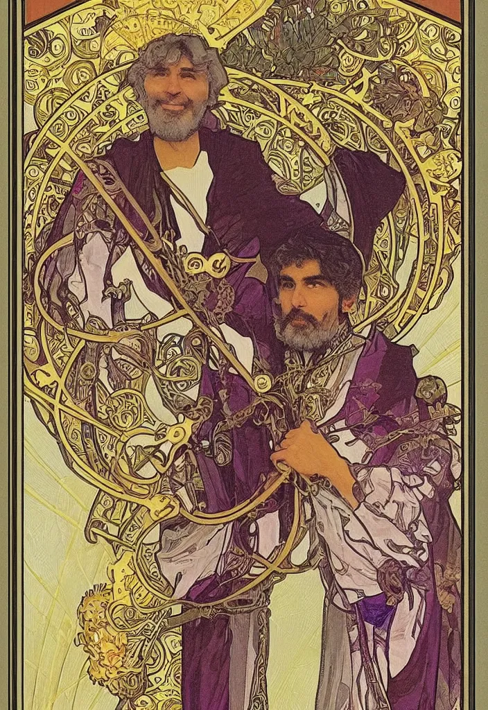 Image similar to Yoshua Bengio as the emperor on a tarot card, tarot in art style by Alphonse Mucha