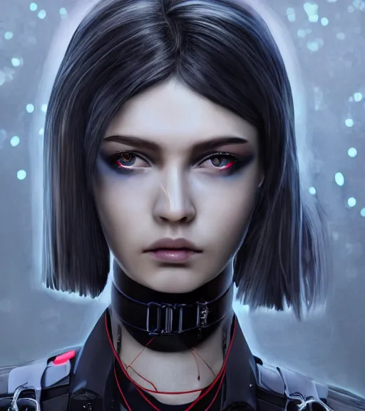 Prompt: detailed realistic female character cyberpunk wearing thick steel collar around neck, realistic, art, beautiful, 4K, collar, choker, collar around neck, punk, artstation, detailed, female, woman, choker, cyberpunk, neon, punk, collar, choker, collar around neck, thick collar, tight around neck, punk, blue eyes, staring straight