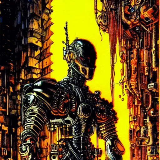 Image similar to cyberpunk knight, upper body, atmospheric lighting, painted, intricate, golden hour, ultra detailed by philippe druillet