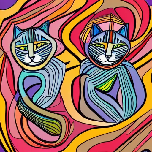 Prompt: A highly stylized digital HD photorealistic 4k shaded matte illustration of two abstract expressionist cats intertwined together in the style of Kandinksy