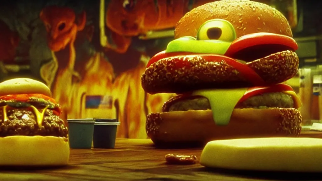 Image similar to the strange cheeseburger creature at the fast food place, film still from the movie directed by denis villeneuve and david cronenberg with art direction by salvador dali and zdzisław beksinski, wide lens