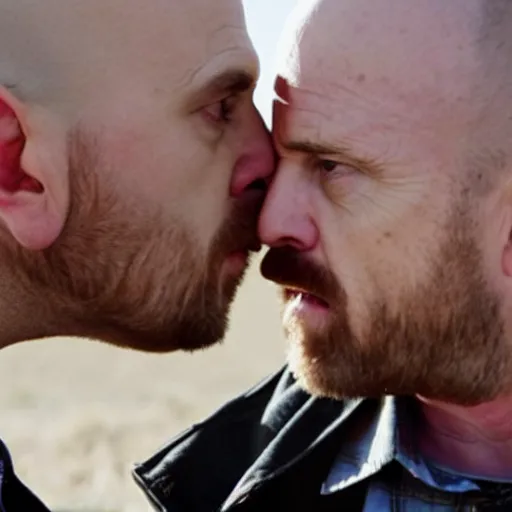 Image similar to a still from breaking bad of Jesse Pinkman kissing Walter White, close-up, highly detailed skin