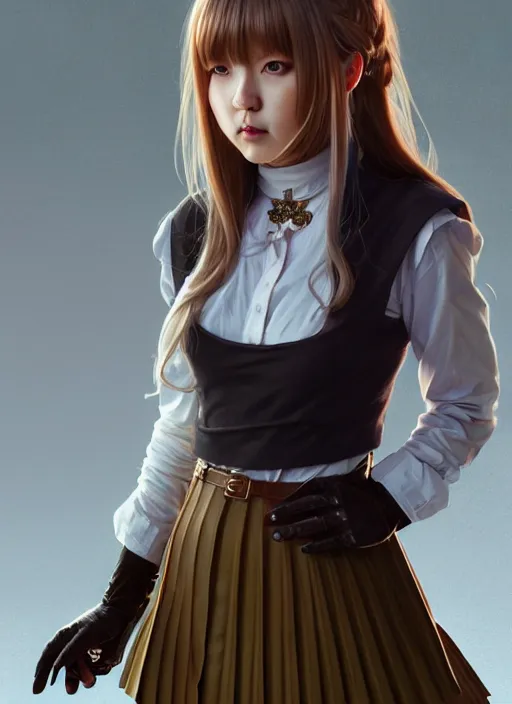 Image similar to portrait of a full body of beautiful young female detective, d & d, sleeveless turtleneck, pleated skirt, fantasy, flat lighting, intricate, highly detailed, digital painting, artstation, concept art, smooth, sharp focus, illustration, misa amane, art by simon bisley and greg rutkowski and alphonse mucha, natural tpose