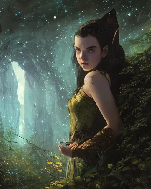 Prompt: a anya taylor joy as dnd elf with black hair black dress as pathfinder in a nebula forest by greg rutkowski, high key lighting, volumetric light, digital art, highly detailed, fine detail, intricate, ornate, complex, octane render, unreal engine, photorealistic digital painting, artstation, concept art, sharp focus, art by greg rutkowski and alphonse mucha